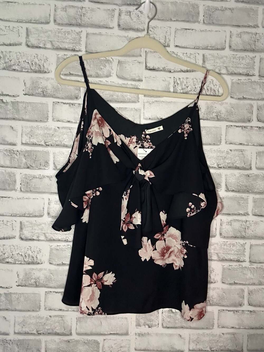 Soprano Women's Black Floral Cold-Shoulder Tie-Front Blouse